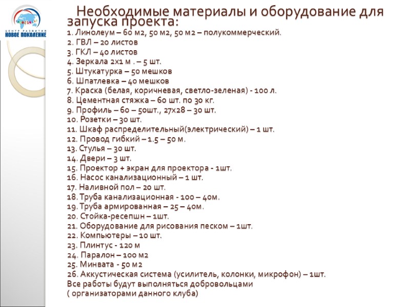 Необходимые материалы и оборудование для запуска проекта: 1. Линолеум – 60 м2, 50 м2,